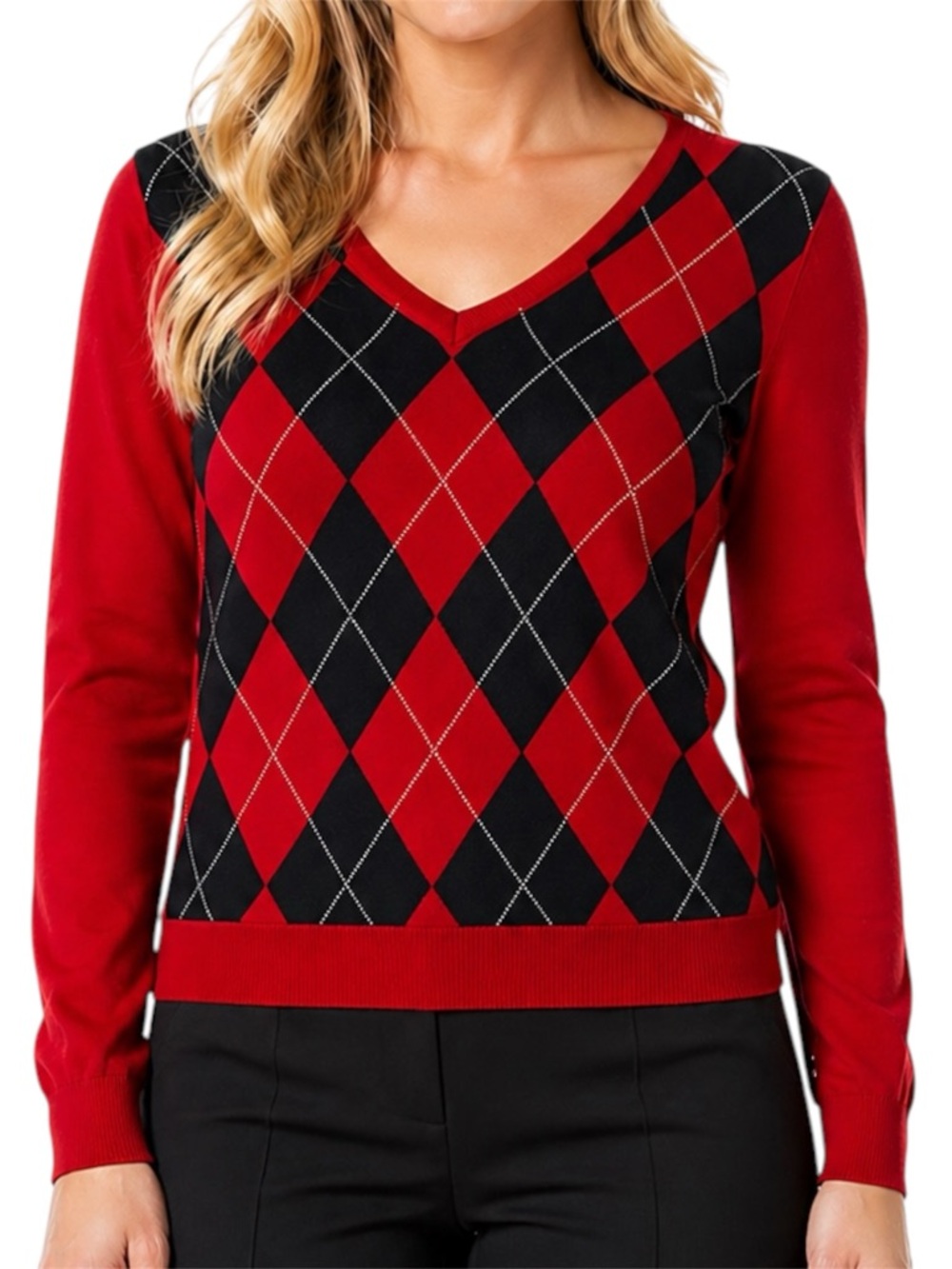 TOMMY HILFIGER Argyle Red Black Vneck Ivy Sweater Small